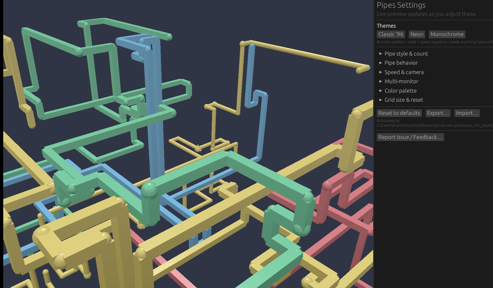 pipes screensaver settings screenshot